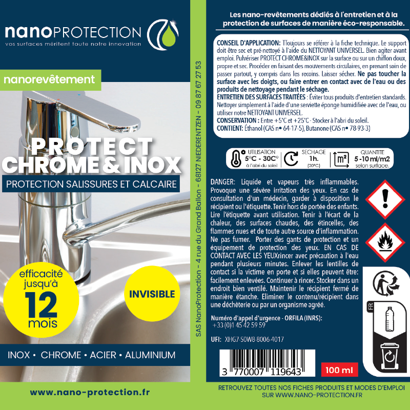 application protection anti calcaire et anti salissure pour inox, chrome et alu