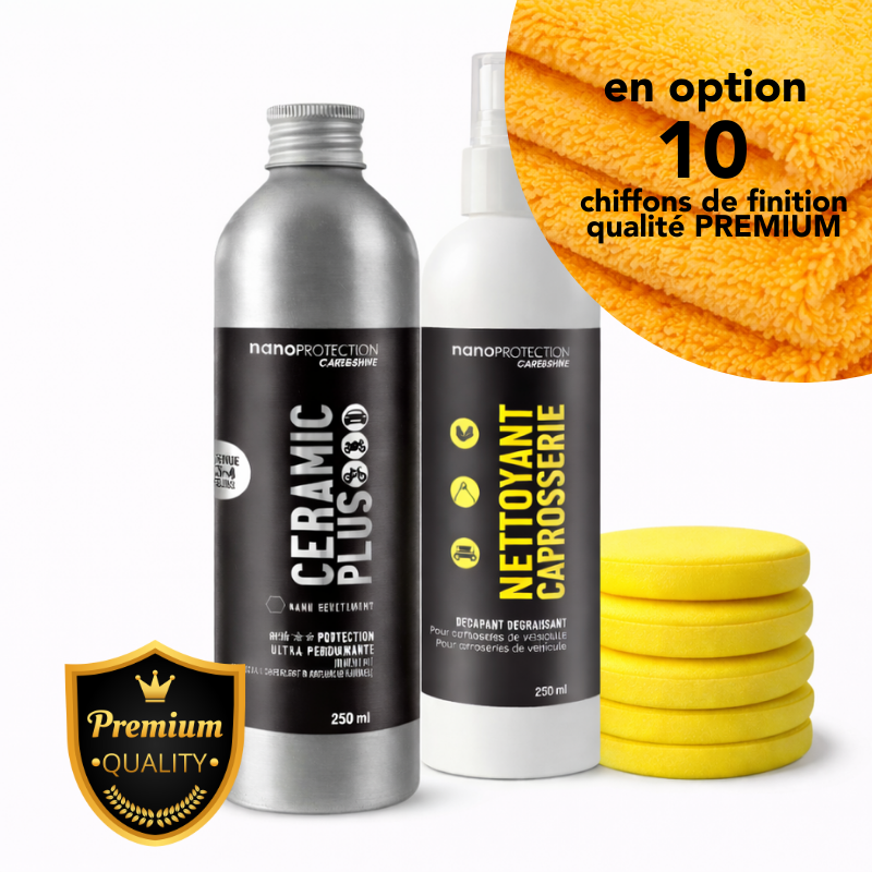 Kit Ceramic Plus 250 ml – protection céramique 9H multi‑véhicules (option finition microfibres premium)
